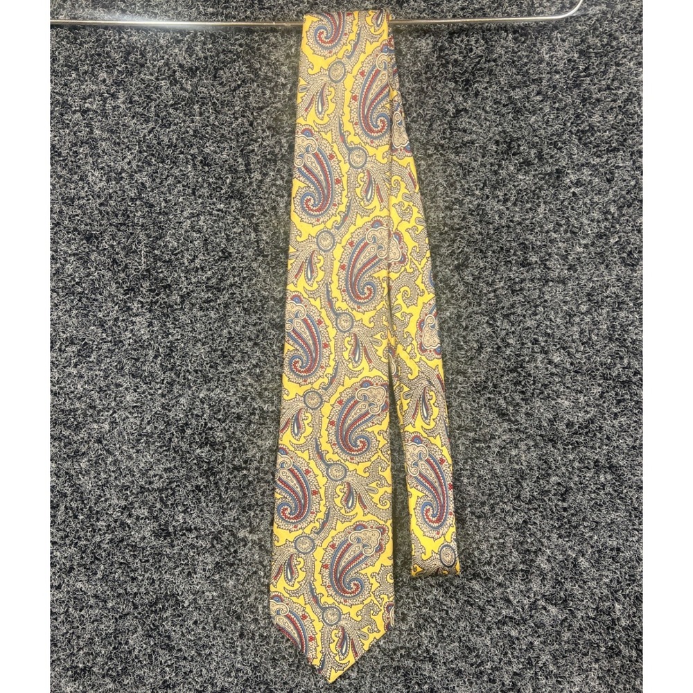 Rooster Tie Mens OS Yellow Paisley Silk Hand Printed Italy USA Vintage Necktie